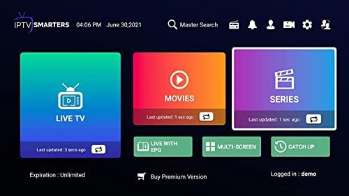 IPTV Smarters Pro app interface showing Live TV, Movies and Series sections with EPG and multi-screen